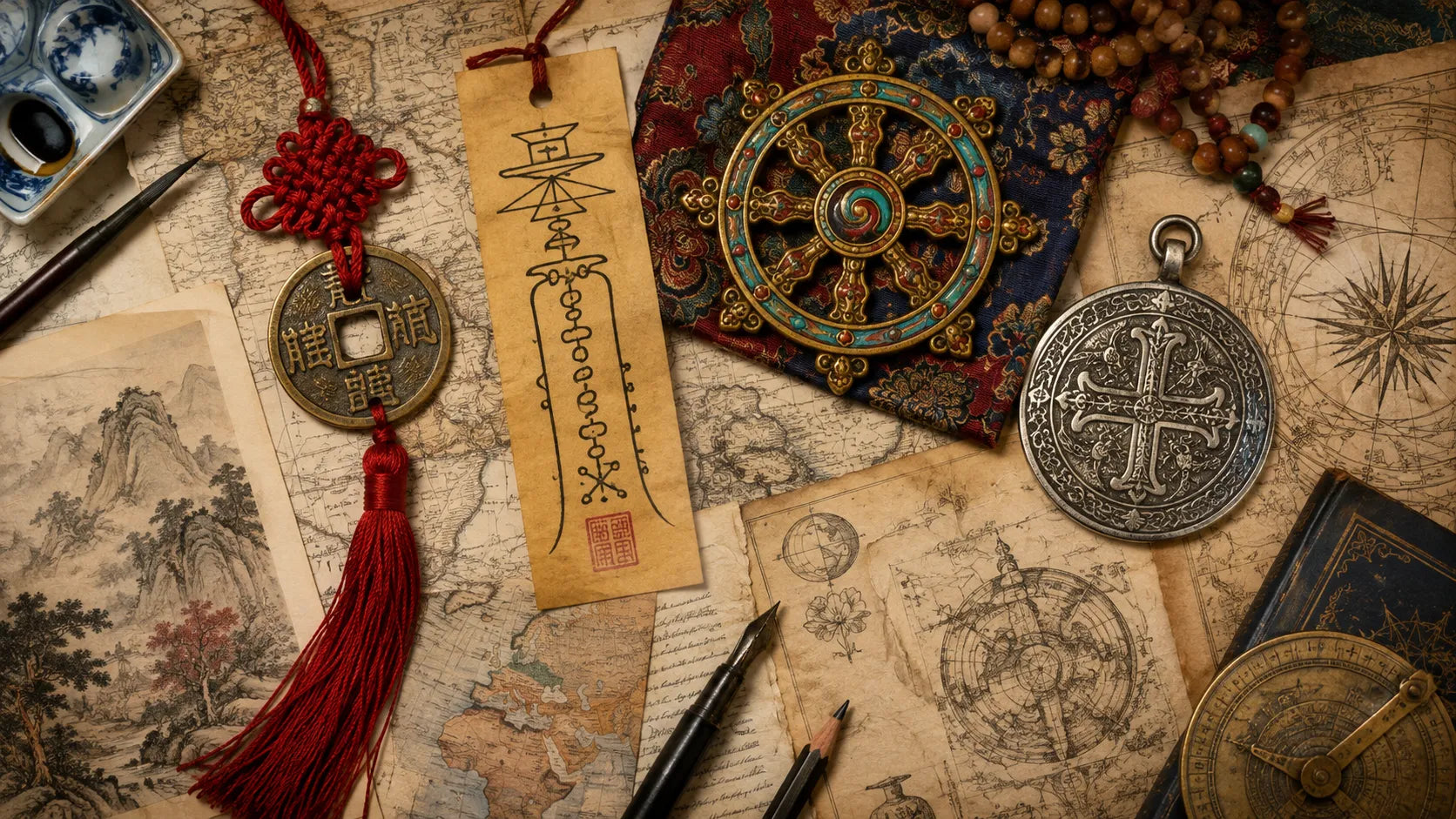 Chinese charm coin, Daoist talisman, Tibetan-inspired emblem, and Western amulet arranged on antique maps to show different cultural traditions.