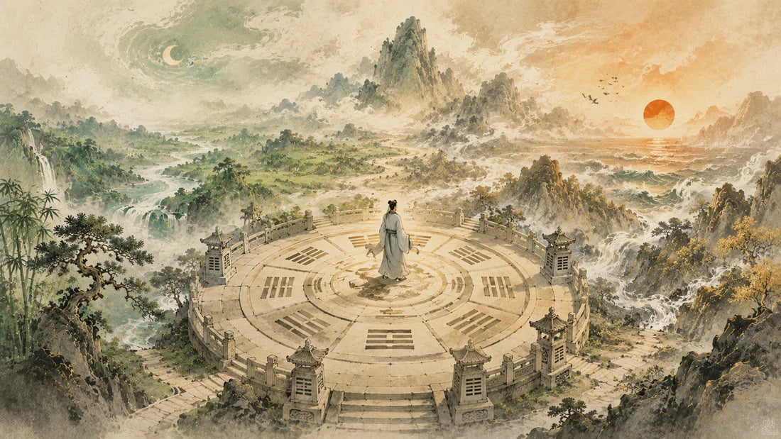 A lone figure standing at the center of a circular Bagua platform above a Chinese mountain landscape, symbolizing direction, orientation, and return to center.