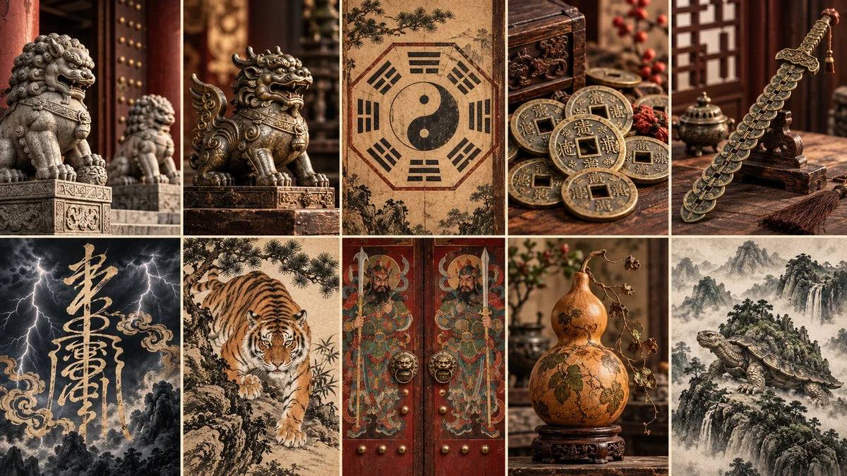 Collection of traditional Chinese protection symbols including guardian lions, Bagua, coin sword, tiger, gourd, and other cultural motifs.