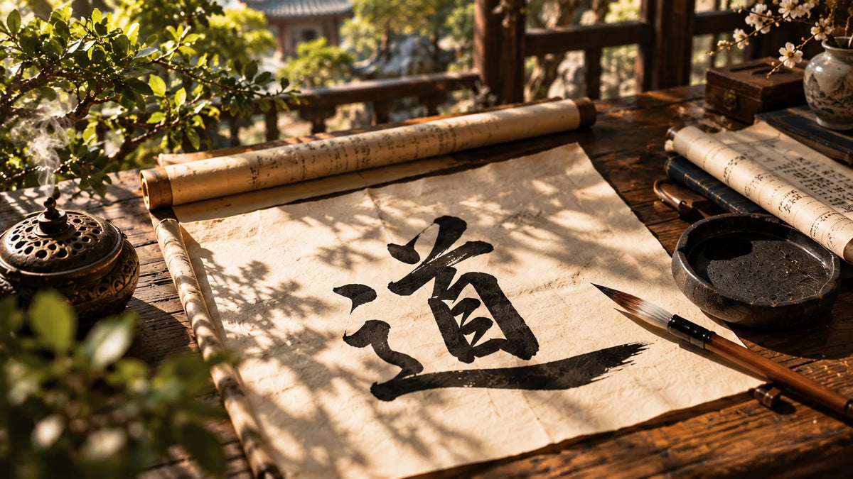 Illustration of the Chinese character 道 on a scroll beside a brush, inkstone, and incense in a sunlit study.