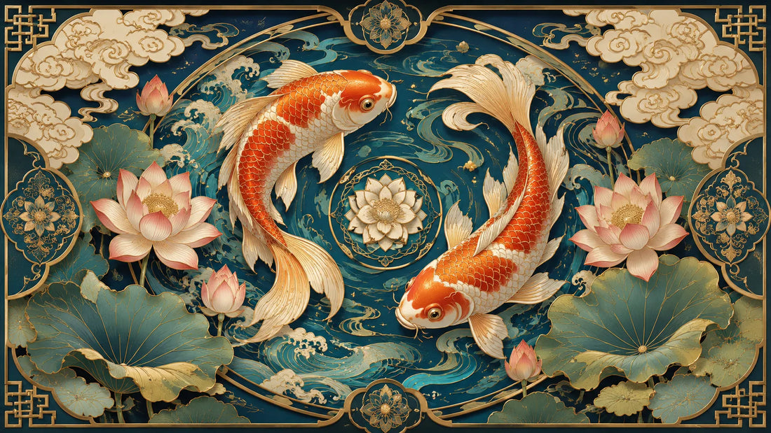 Twin koi swimming among lotus flowers and waves in an ornate Eastern pattern symbolizing harmony and abundance