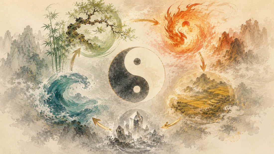 A Chinese ink-style Five Elements diagram with a central yin yang symbol, showing the dynamic cycle of Wood, Fire, Earth, Metal, and Water as changing phases.