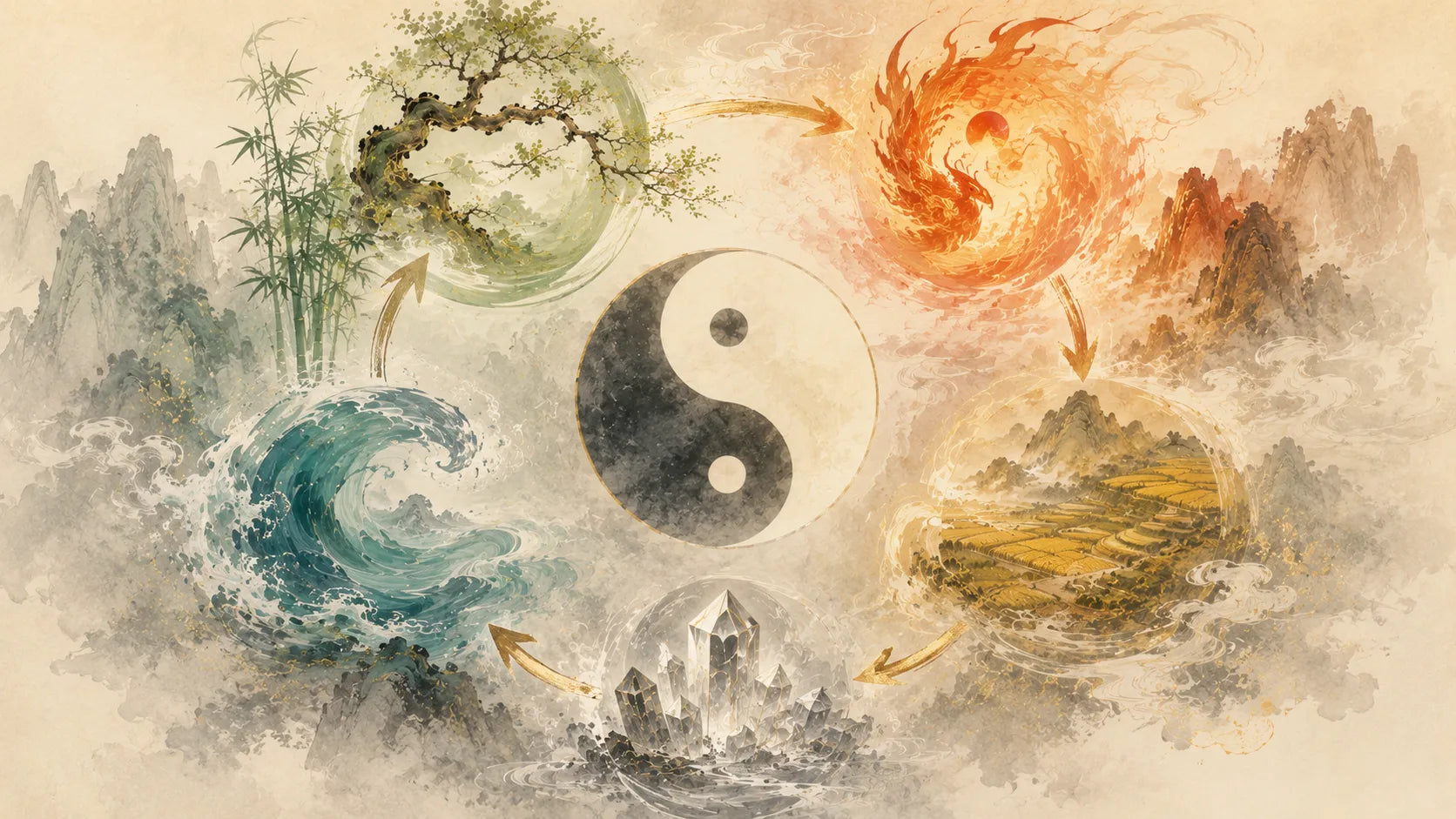 A Chinese ink-style Five Elements diagram with a central yin yang symbol, showing the dynamic cycle of Wood, Fire, Earth, Metal, and Water as changing phases.