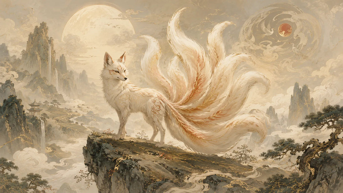 A nine-tailed fox from Chinese mythology standing among mountains and clouds, symbolizing transformation, mystery, and Eastern folklore.