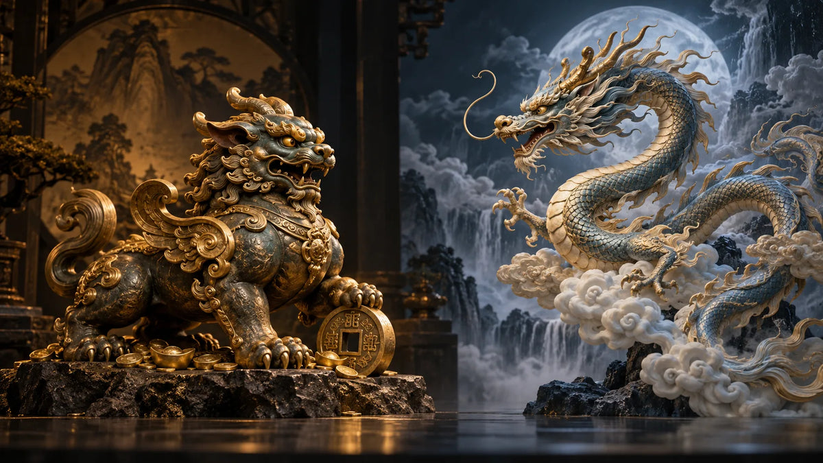 Conceptual illustration contrasting a compact gold-colored Pixiu-like guardian beside coins with a sinuous blue-and-gold dragon amid clouds.