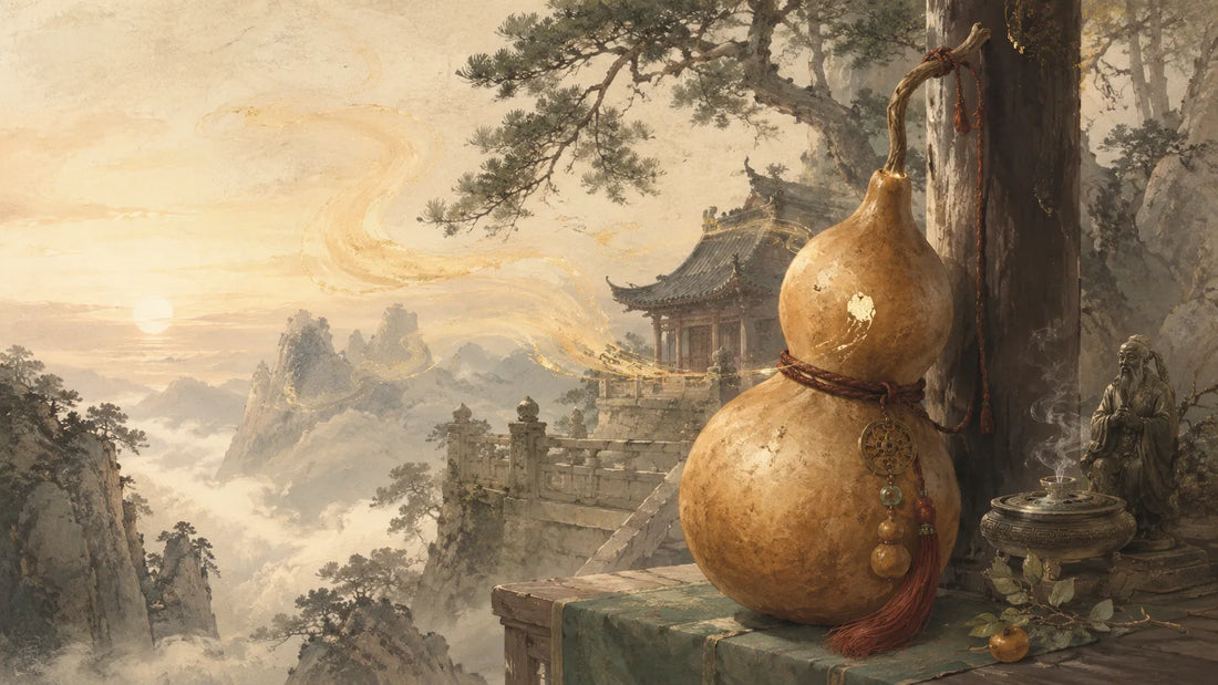 A Taoist hulu gourd hanging in a Chinese mountain temple landscape, symbolizing protection, containment, balance, and hidden blessings in traditional culture.