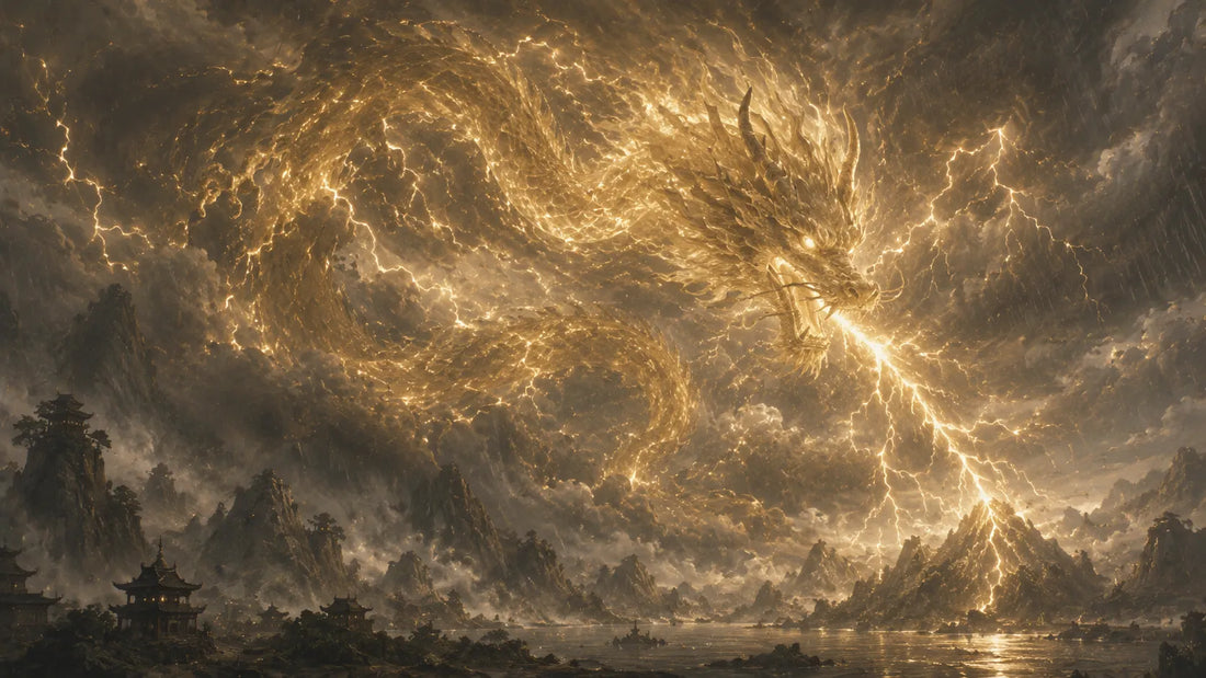 A luminous Chinese dragon moving through thunderclouds above a mountain landscape, symbolizing directed force, movement, authority, and clarity.