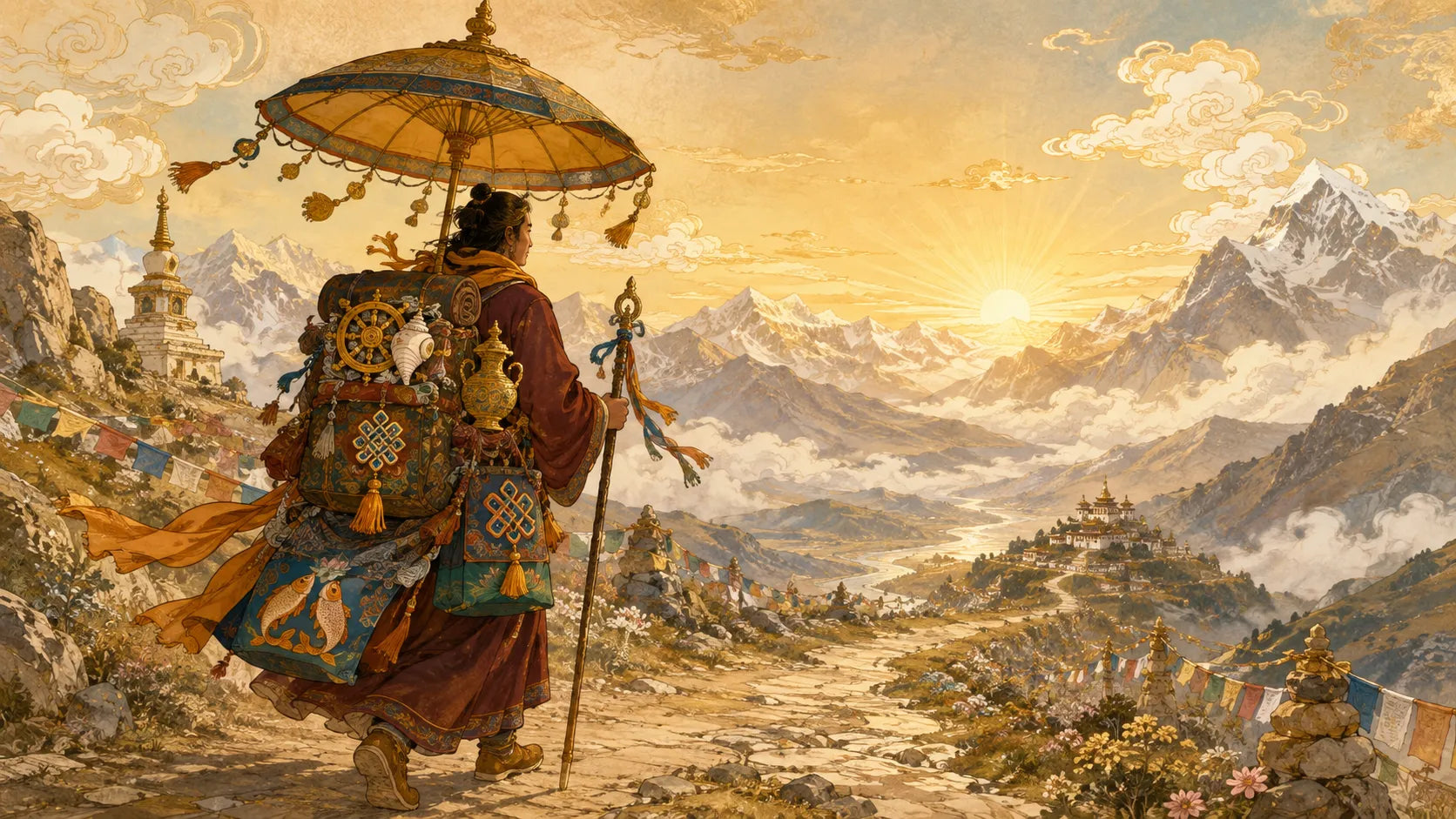 A traveler crossing a Himalayan mountain path while carrying objects inspired by the Eight Auspicious Symbols, representing protection, direction, courage, and mindful travel.