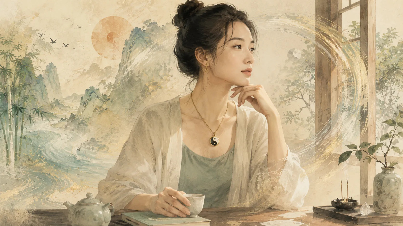 A modern woman wearing a Yin Yang pendant in a quiet tea room, representing centered movement, reflection, and balance without rigidity.