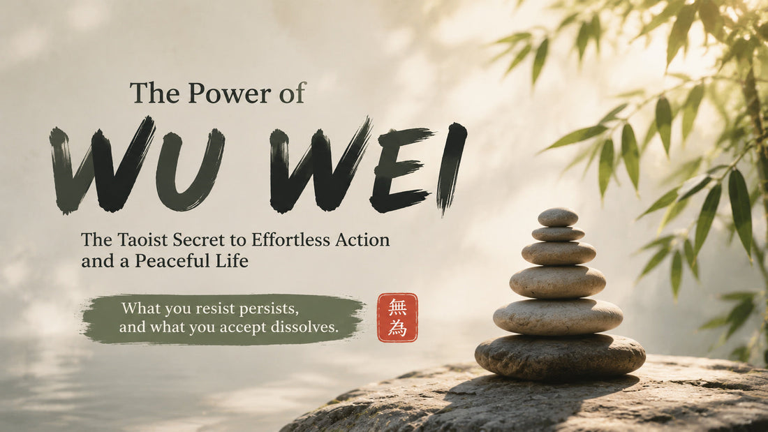 Wu Wei in Taoism: serene minimalist landscape with stacked stones and bamboo, illustrating effortless action, balance, and mindfulness in modern life