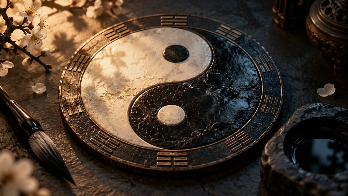 Illustration of a yin-yang disk with surrounding trigrams beside white plum blossoms, a calligraphy brush, and an inkstone.
