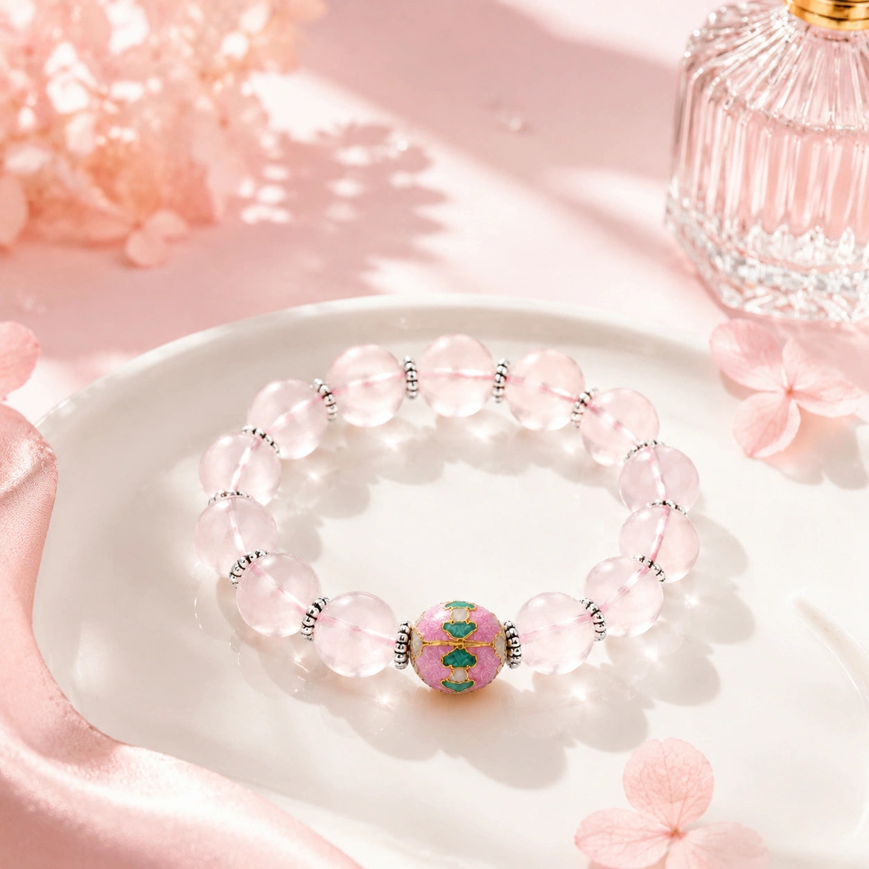 Rose Quartz Enamel Bead Bracelet — Harmony & Feminine Radiance | DAO Chant