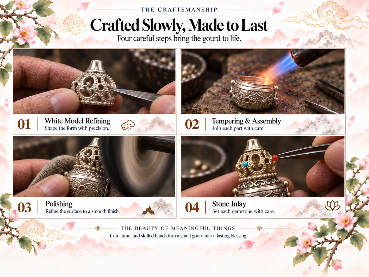 Four craftsmanship stages for the Auspicious Gourd spinning pendant