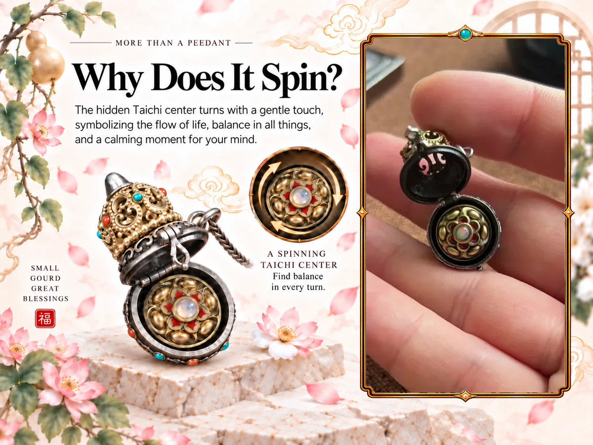 Auspicious Gourd spinning pendant with a 9:16 view of the rotating hidden locket center