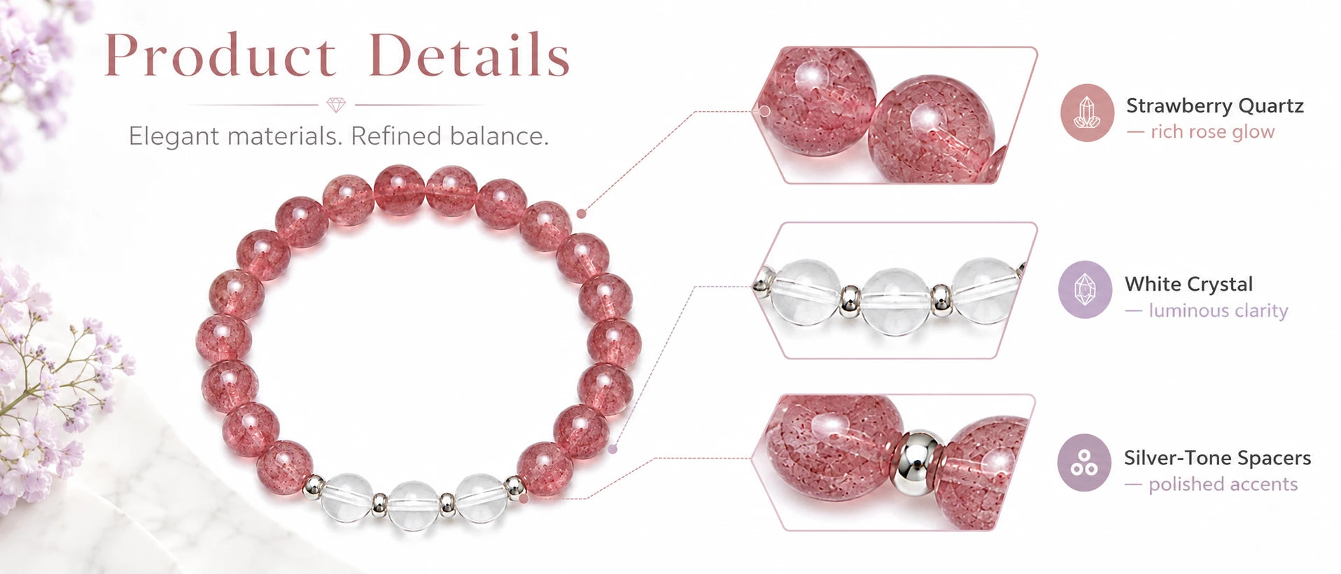 Blossom Romance Strawberry Quartz & White Crystal Bracelet — product feature highlights