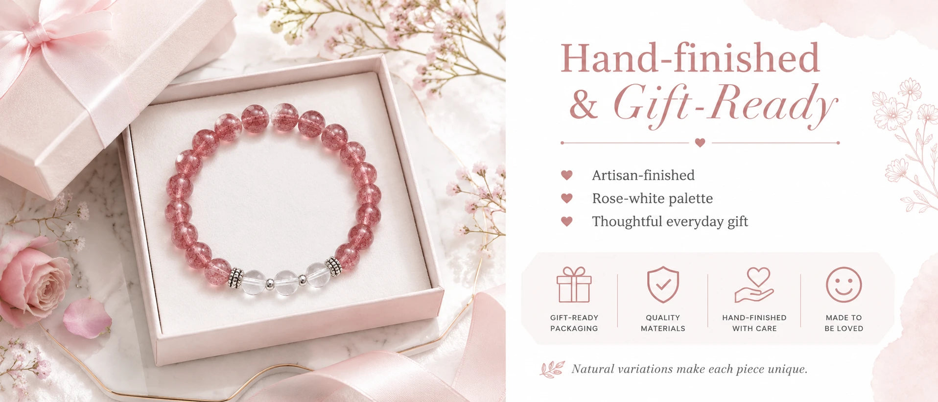 Blossom Romance Strawberry Quartz & White Crystal Bracelet — gift presentation