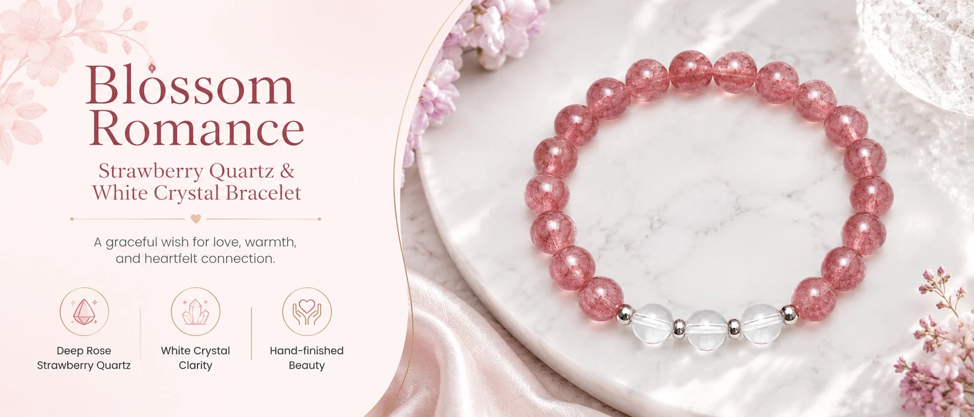 Blossom Romance Strawberry Quartz & White Crystal Bracelet — key visual