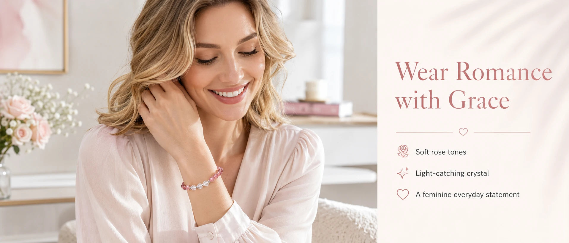 Blossom Romance Strawberry Quartz & White Crystal Bracelet — model wearing bracelet, alternate view