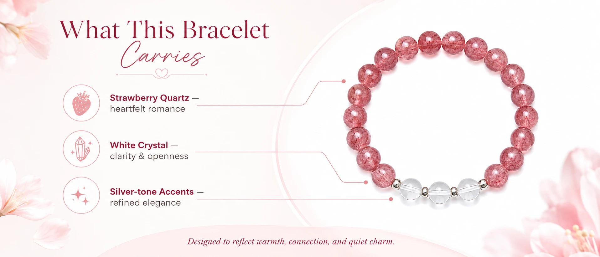 Blossom Romance Strawberry Quartz & White Crystal Bracelet — product detail view