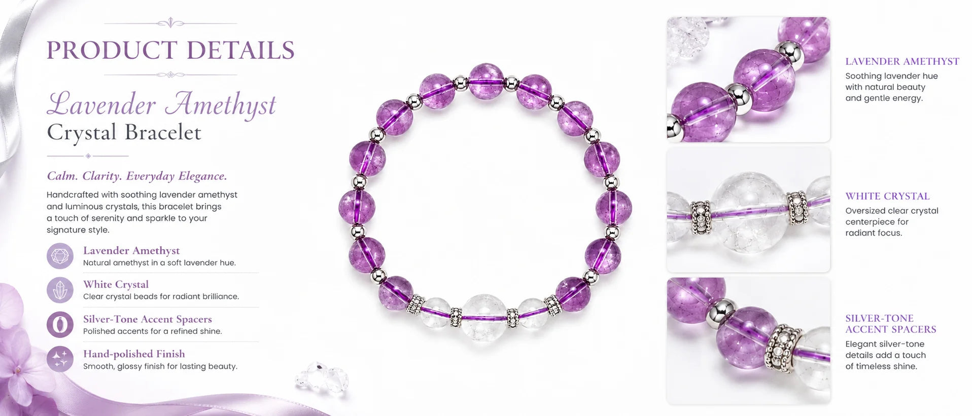 Charm & Grace Amethyst & White Crystal Bracelet — product feature highlights