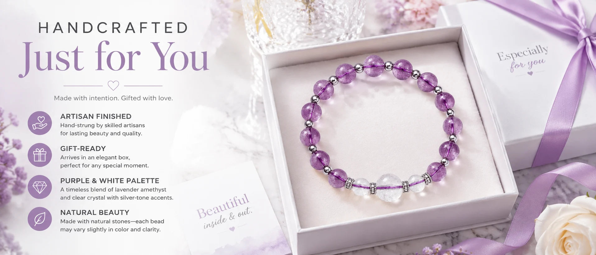 Charm & Grace Amethyst & White Crystal Bracelet — gift presentation