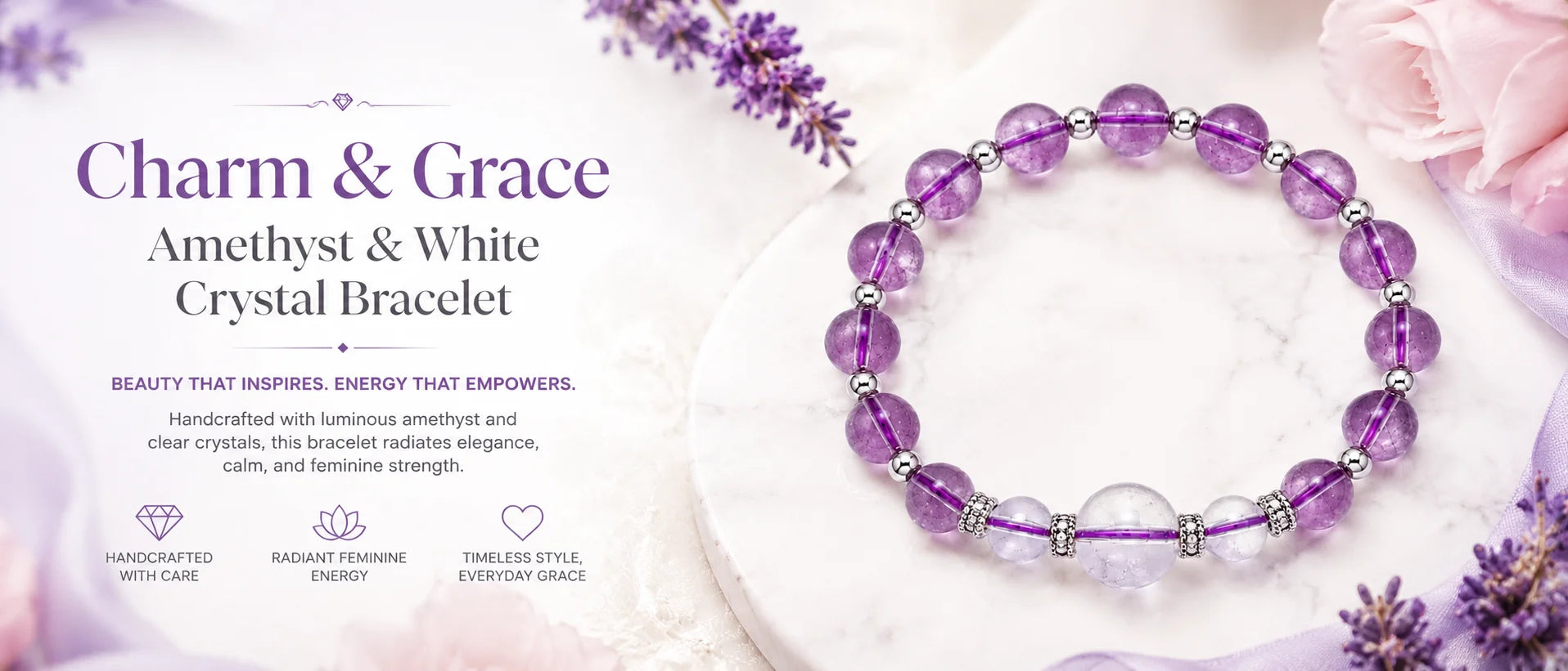 Charm & Grace Amethyst & White Crystal Bracelet — key visual