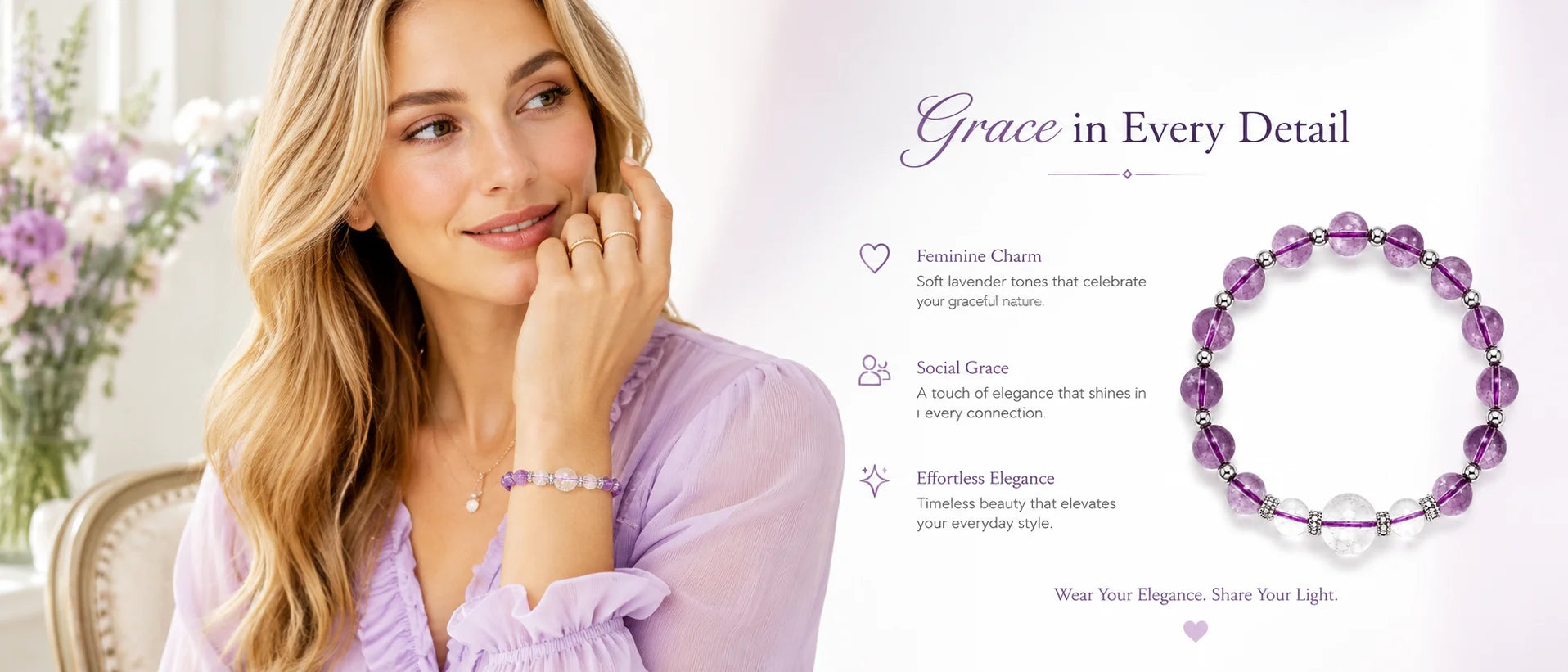 Charm & Grace Amethyst & White Crystal Bracelet — model wearing bracelet