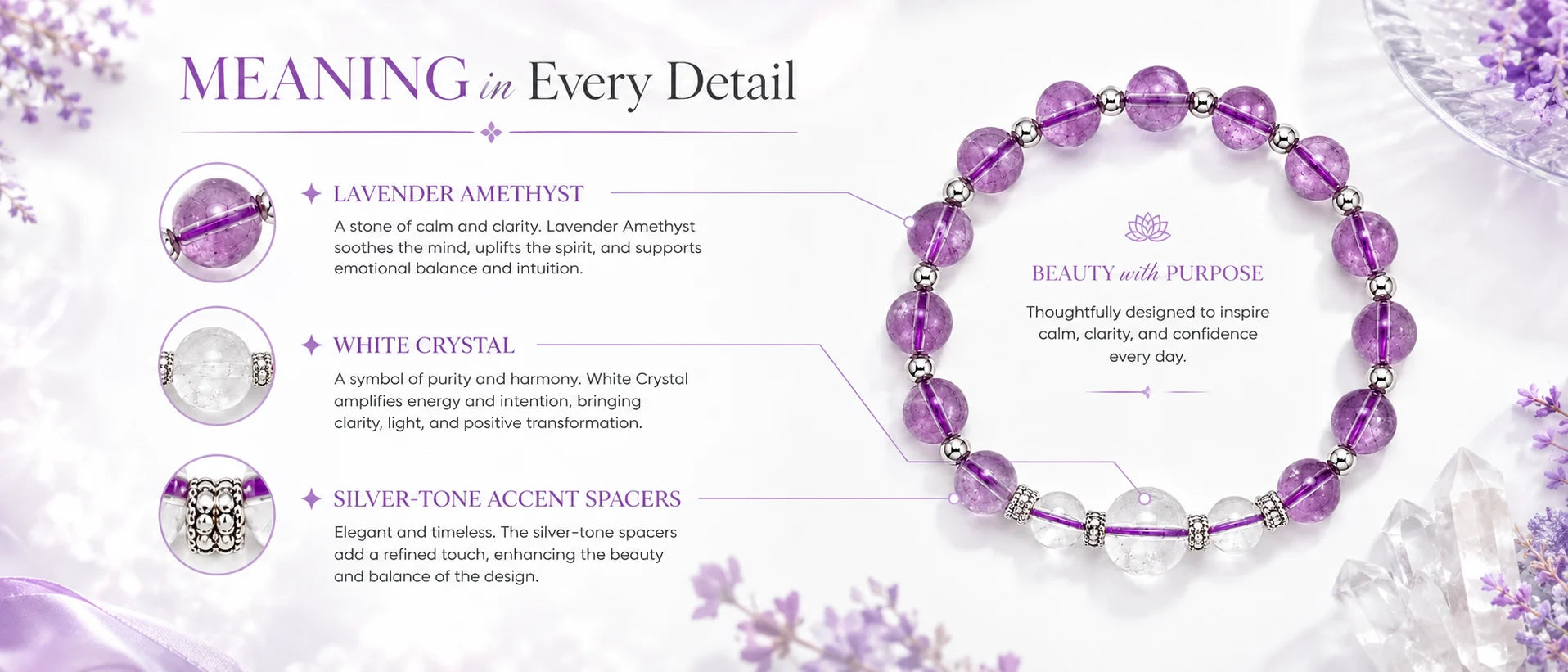 Charm & Grace Amethyst & White Crystal Bracelet — product detail view