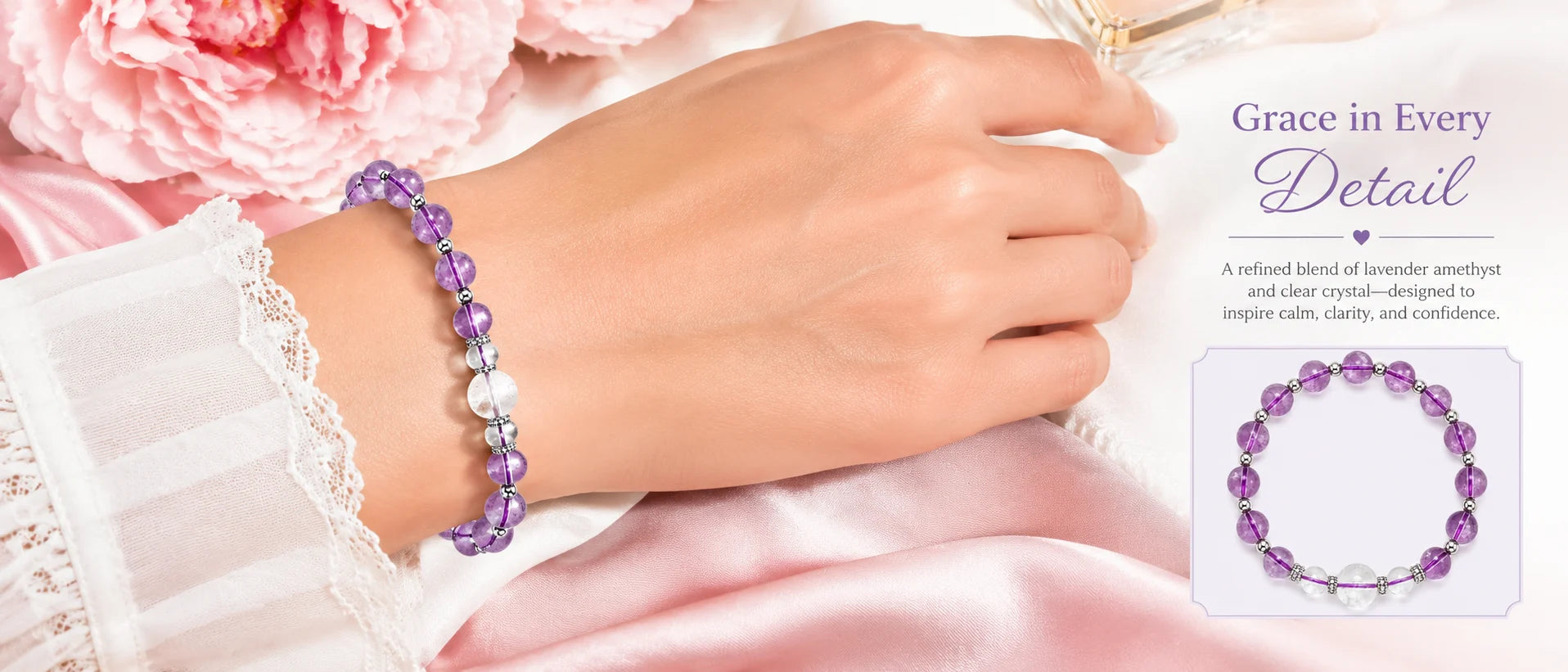 Charm & Grace Amethyst & White Crystal Bracelet — wrist wear detail