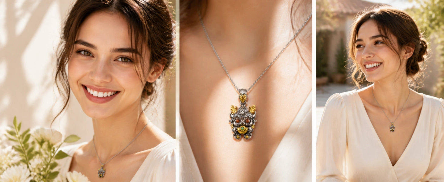 Baby Dragon Wealth pendant in brass finish — warm gold-tone with aged patina — DAO Chant