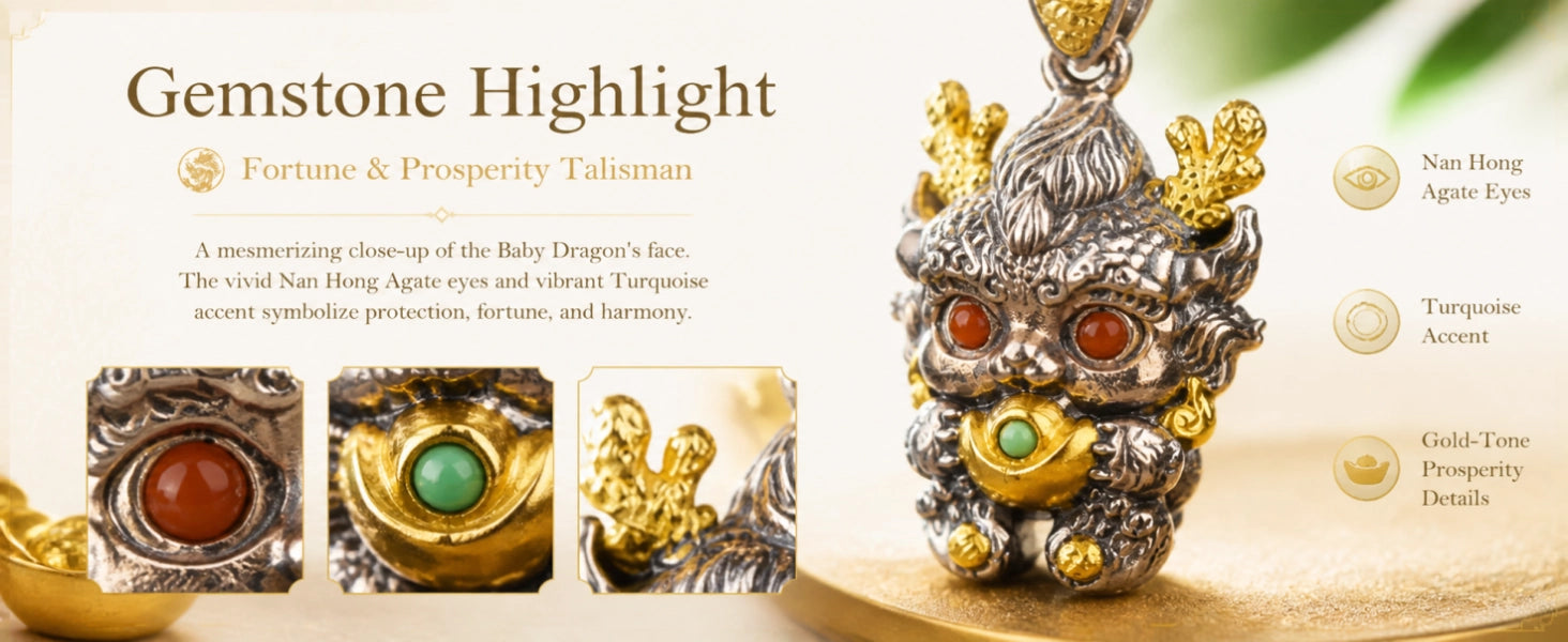 Baby Dragon Wealth pendant side detail — layered relief carving and aged black finish — DAO Chant