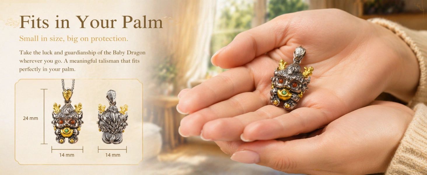 Baby Dragon Wealth pendant back view — prosperity inscription and sacred symbol engraving — DAO Chant