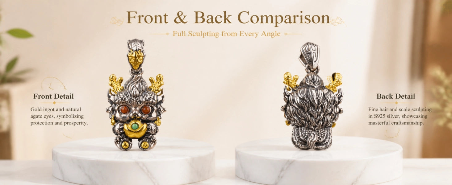 Baby Dragon Wealth pendant additional detail — handcrafted artisan finish and patina — DAO Chant