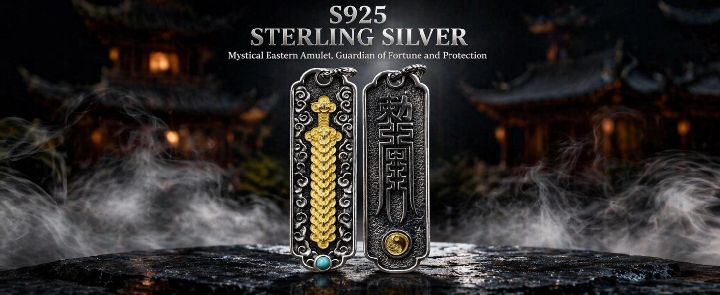 Coin Sword pendant detail — intricate coin relief carvings and sword surface texture — DAO Chant