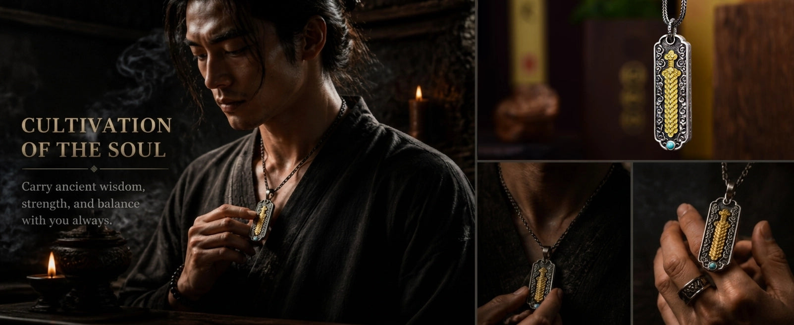 Coin Sword pendant side detail — layered relief carving and aged black finish — DAO Chant