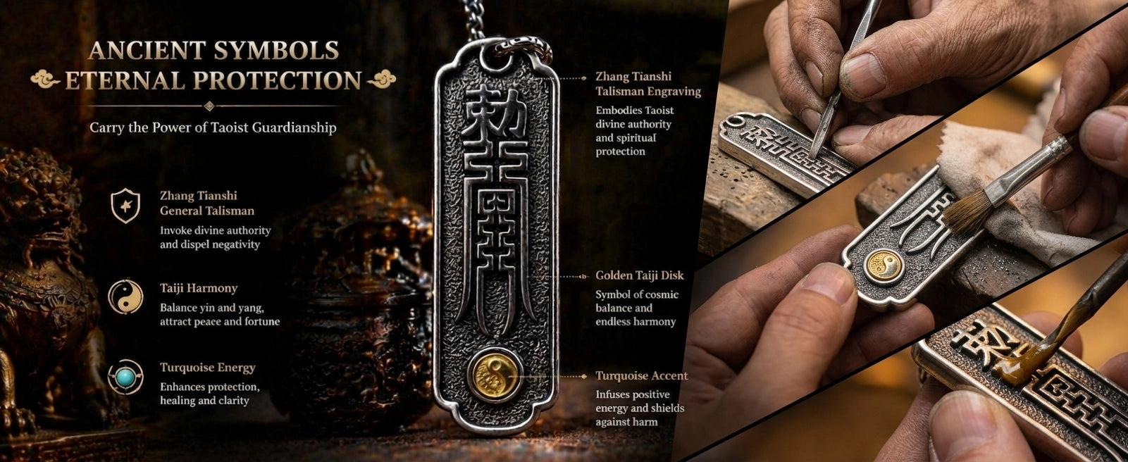 Coin Sword pendant back view — sacred inscription and ancient Eastern symbol engraving — DAO Chant