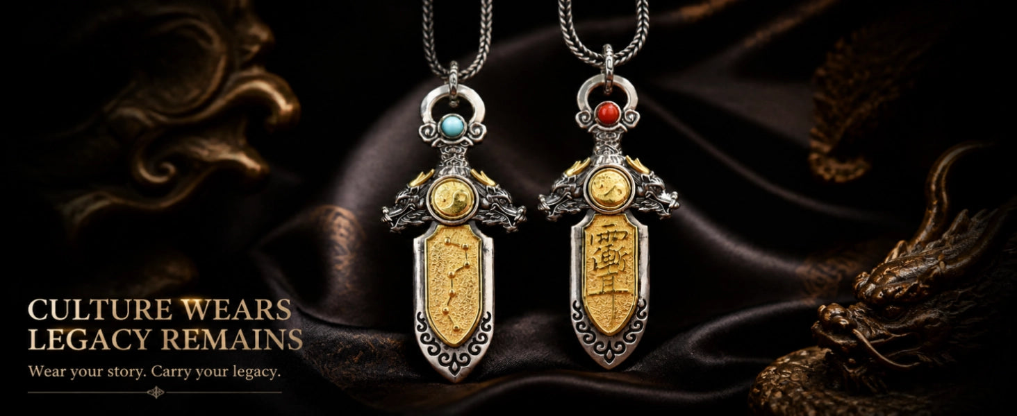 Dragon Sword pendant in brass finish — warm gold-tone with aged patina — DAO Chant