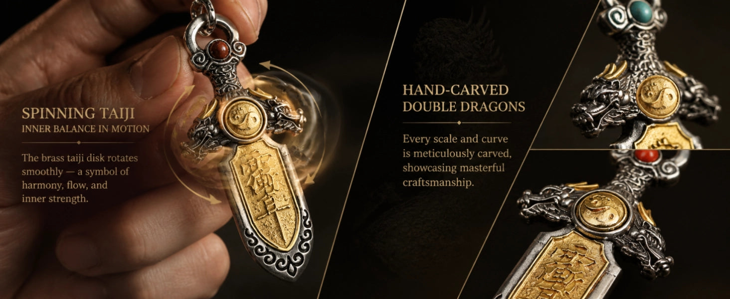 Dragon Sword pendant close-up — Nan Hong Agate stone inlay and enamel finish detail — DAO Chant