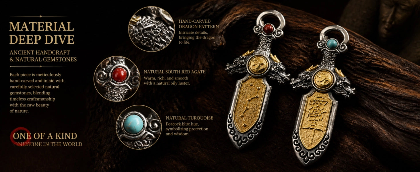 Dragon Sword pendant side detail — layered sword relief carving and aged black finish — DAO Chant