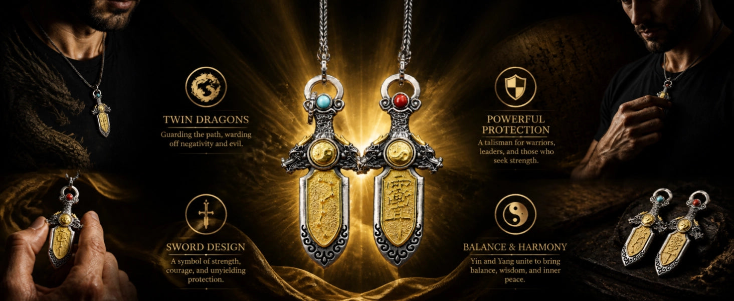 Dragon Sword pendant back view — sacred inscription and ancient Eastern symbol engraving — DAO Chant