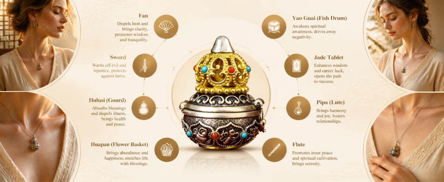 Eight Immortals Gourd pendant close-up — enamel finish and stone inlay accent detail — DAO Chant