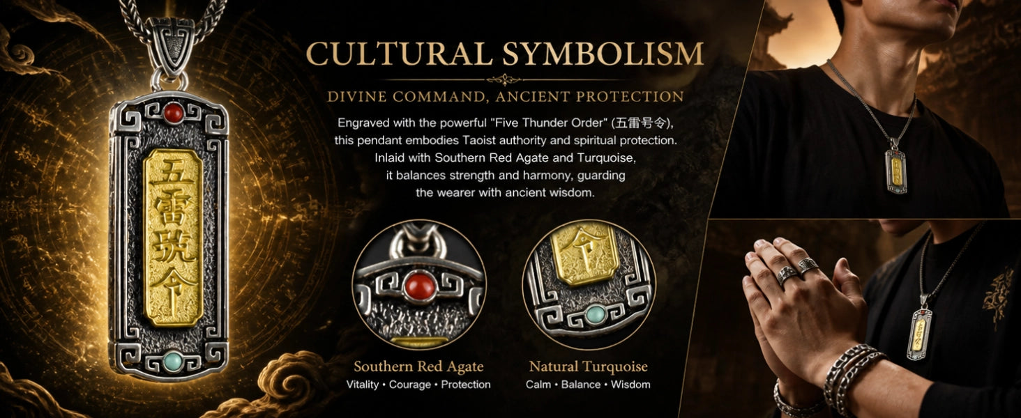 Five Thunder Command pendant side detail — layered relief carving and aged black finish — DAO Chant