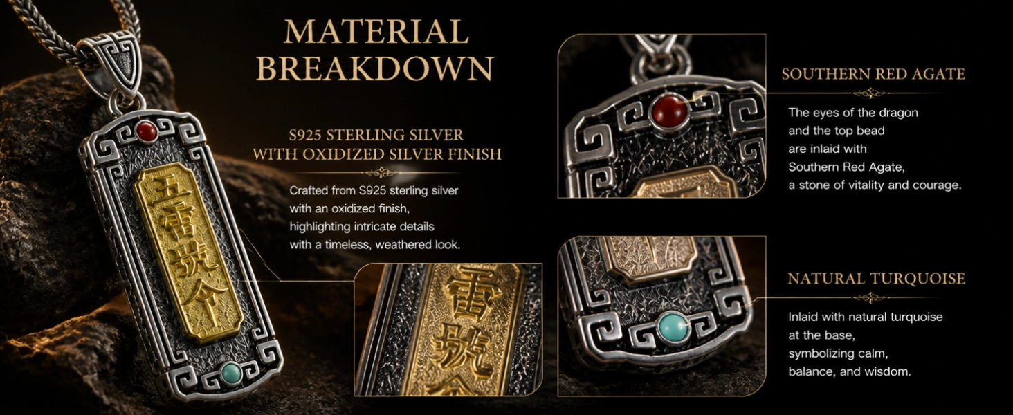 Five Thunder Command pendant back view — sacred thunder inscription and ancient Eastern symbol engraving — DAO Chant