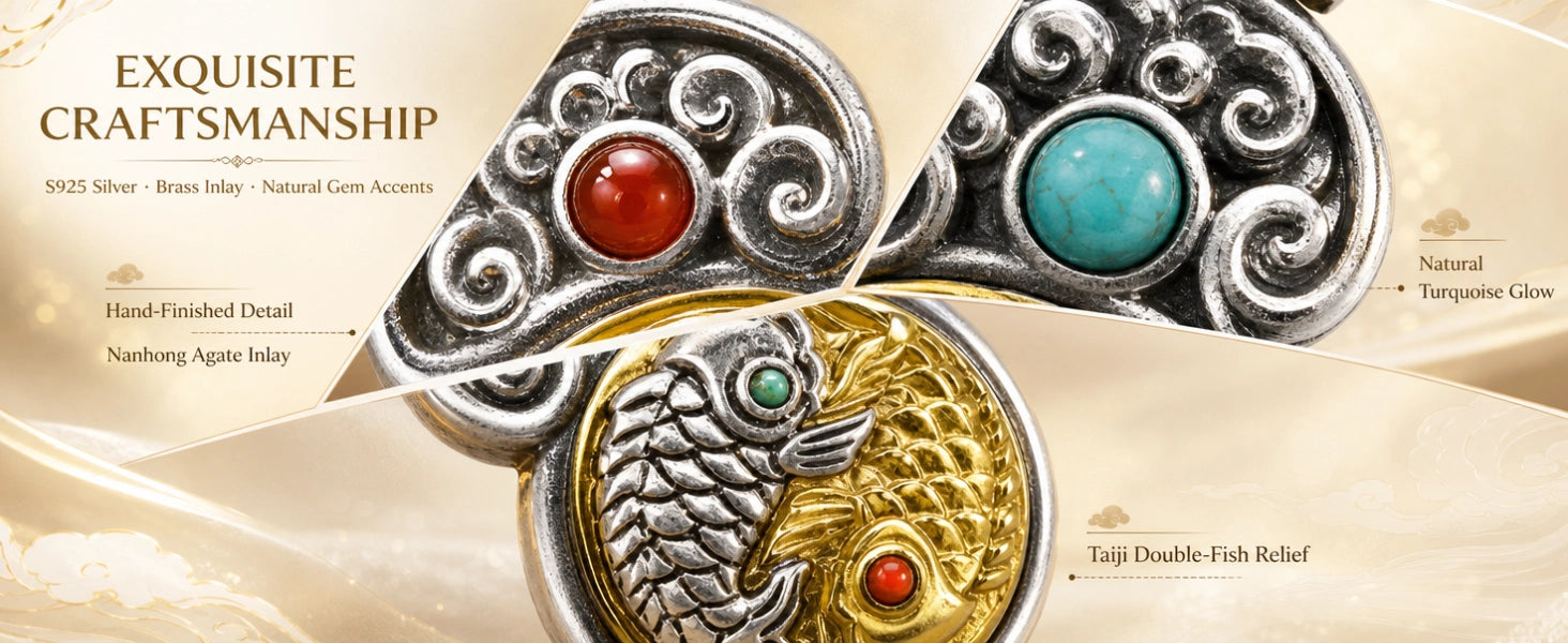 Gourd Taichi Fish pendant close-up — enamel finish and stone inlay accent detail — DAO Chant