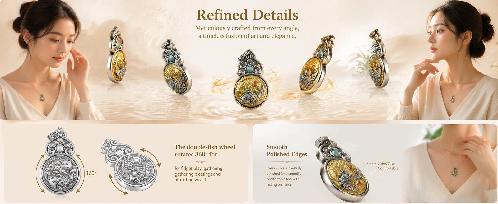 Gourd Taichi Fish pendant side detail — layered relief carving and aged black finish — DAO Chant