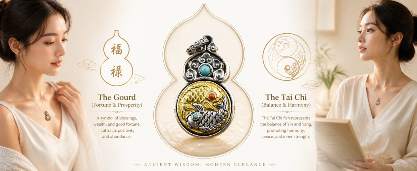 Gourd Taichi Fish pendant additional detail — handcrafted artisan finish and patina — DAO Chant