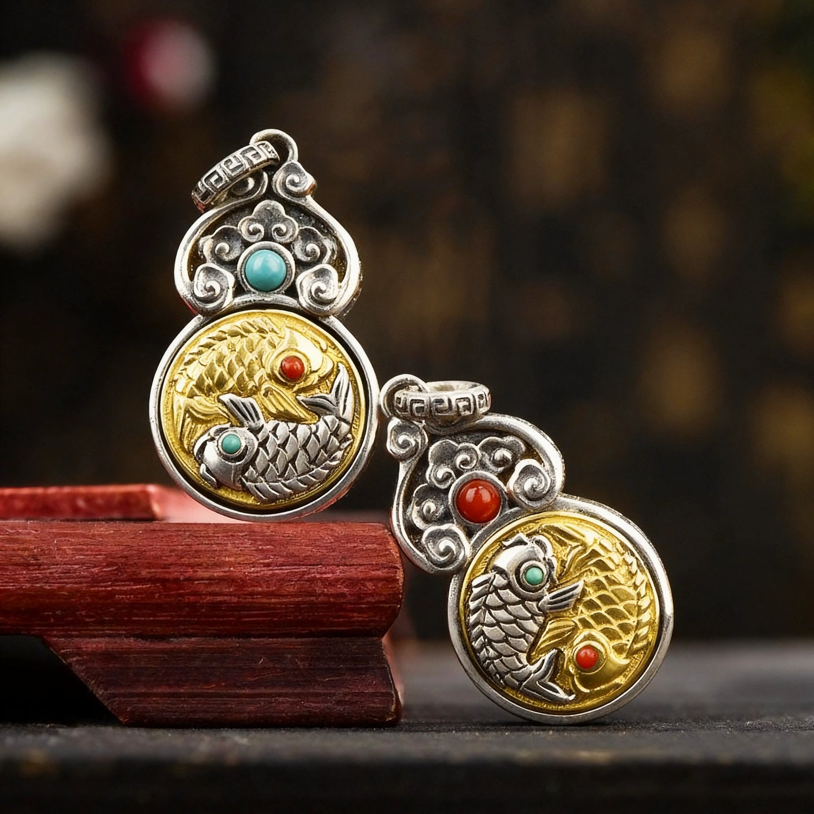Gourd Taichi Fish pendant front view — handcrafted gourd and koi fish design with Taichi motif — DAO Chant