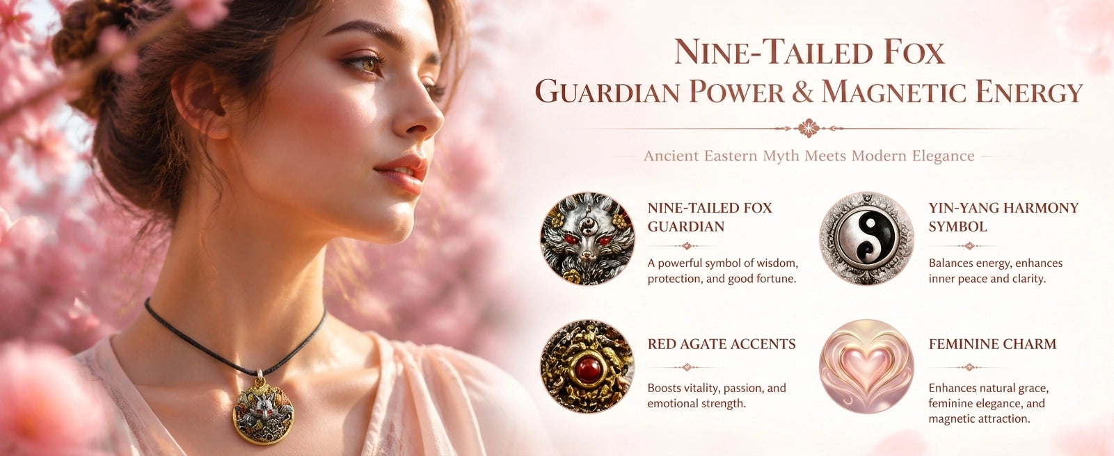 Nine-Tailed Fox pendant close-up — stone inlay accents and enamel finish detail — DAO Chant