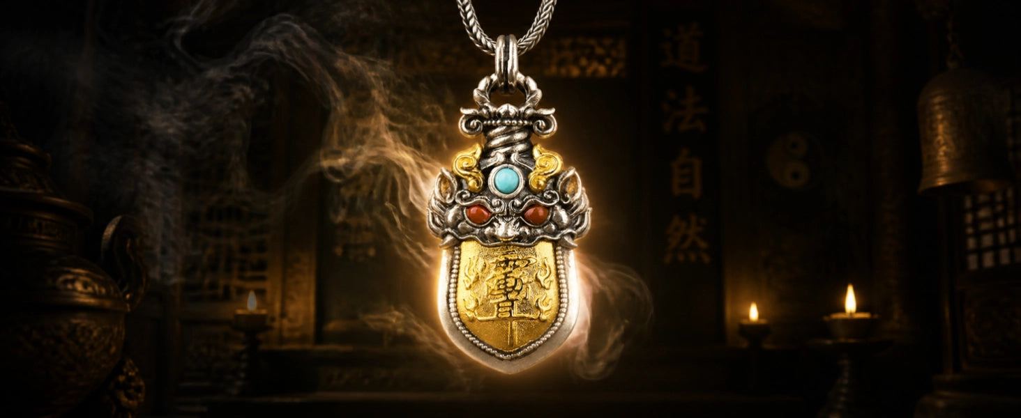 Pixiu Guardian pendant detail — intricate Pixiu relief carvings and Daoist seal surface texture — DAO Chant