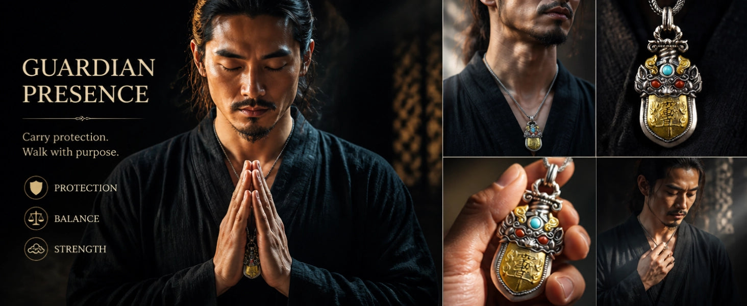 Pixiu Guardian pendant back view — Daoist inscription seal engraving and sacred symbol detail — DAO Chant
